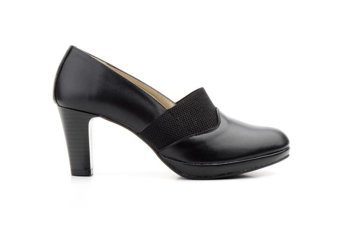 Zapatos Mujer Piel Negro Plataforma Elástico Tacón