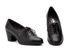 Zapatos Mujer Piel Negro Tacón Cordones