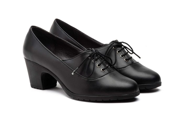 Zapatos Mujer Piel Negro Tacón Cordones